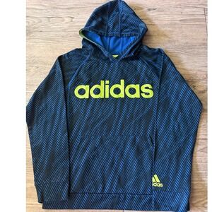 Adidas Boys Hoodie Blue Black Wavy Stripe Fleece Lined Pullover Large 14/16